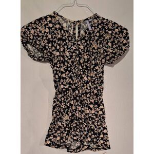 Nordstroms Good Luck Girl Black Ruched Floral Short Sleeve Blouse Kids XS NWOT